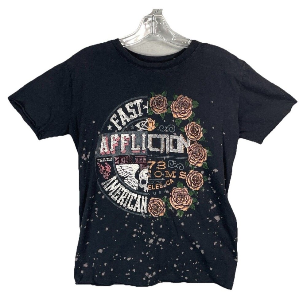 Affliction Women XS Top Graphic Skull Roses Lace Up Corset Black Goth Biker USA